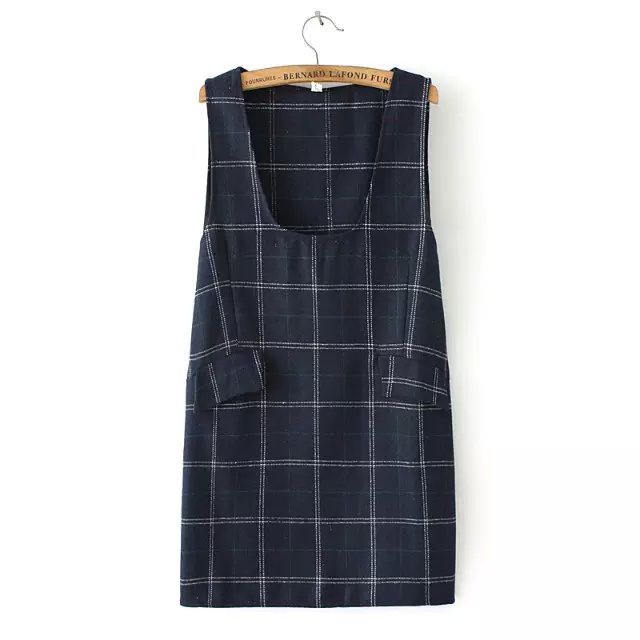 Fashion Women winter school style woolen black plaid pattern sleeveless mini stright Dress pocket casual brand