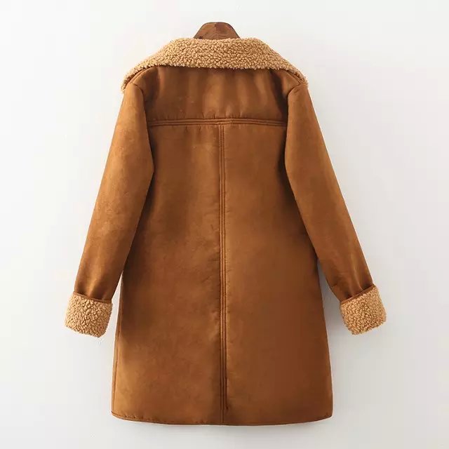 Fashion Women winter thick warm brown Faux Suede leather jacket Turn-down collar Double Breasted pocket Casual brand Coat