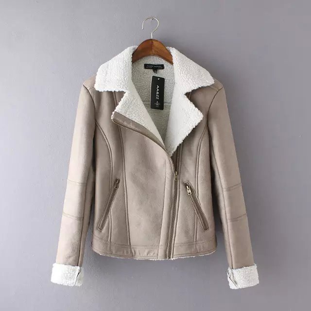Fashion Women Winter Thick warm Khaki zipper Faux Suede Leather Fur turn-down collar jacket coat casual jaqueta female