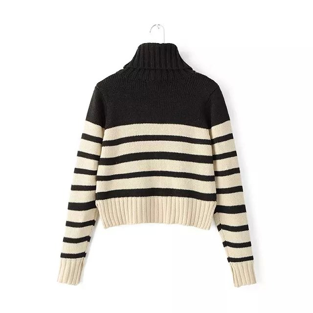 Fashion Women Winter warm striped pattern short Pullover Turtleneck knitwear long sleeve Casual knitted sweater brand tops