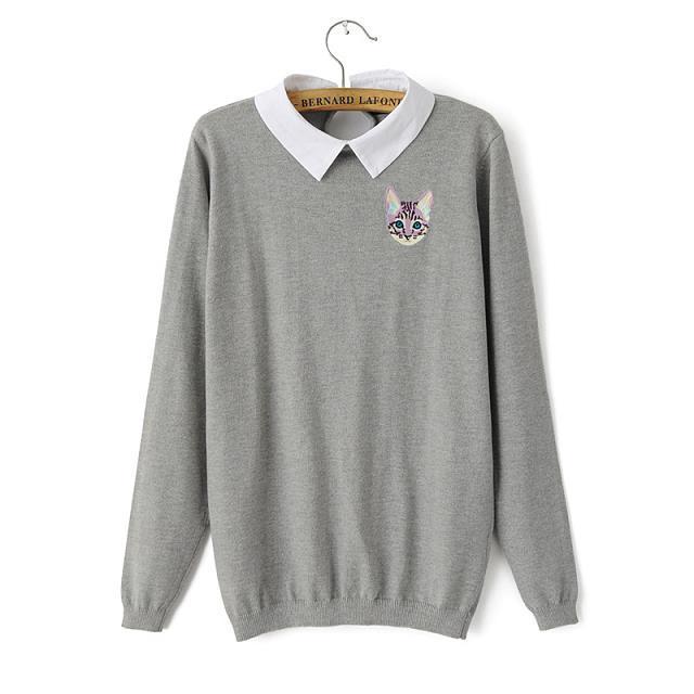 Female sweater Fashion Cat embroidery Peter Pan Collar Gray Pullover knitwear long sleeve Casual brand women vogue