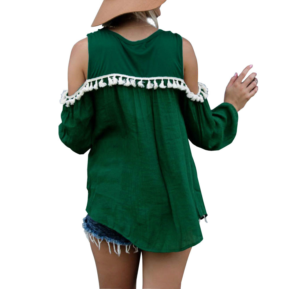 Feshion women elegant white green tassel long sleeve Off Shoulder Blouse O-neck Shirts plus size casual tops
