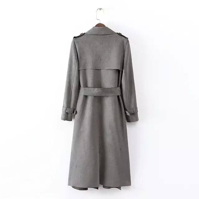 Gray Suede Leather windbreaker for women Fashion British Style With Belt long trench coat Casual brand female