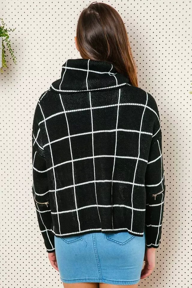 Hot New Women Winter Knitted Cashmere Pullovers Branch Pattern Plaid Turtleneck Sweater Zipper Sleeve