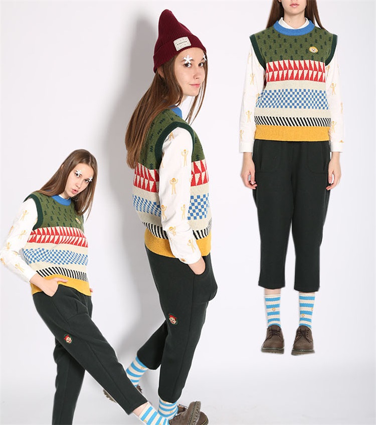 Knitted vest sweaters for women school style Winter Warm Geometric pattern Pullover O-Neck Sleeveless Casual brand top