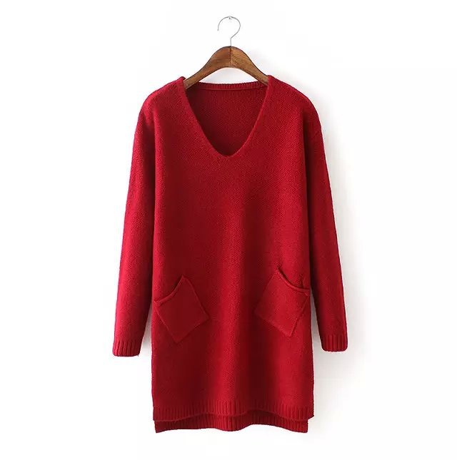 Knitting long Sweaters for women Autumn fashion Double pocket pullovers V Neck casual loose long Sleeve Brand Tops