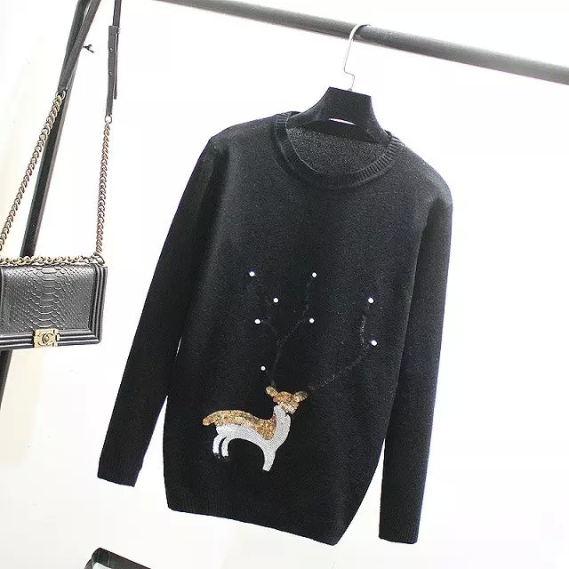 Knitting Sweater for women Autumn fashion red pullovers Sequins Pearl deer O-Neck casual long Sleeve Brand Tops