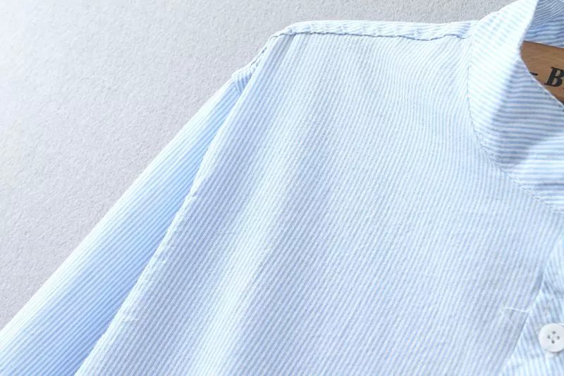 Korean style Autumn Fashion Women Blue striped print button mini pleated Shirt Dress stand collar long sleeve casual brand