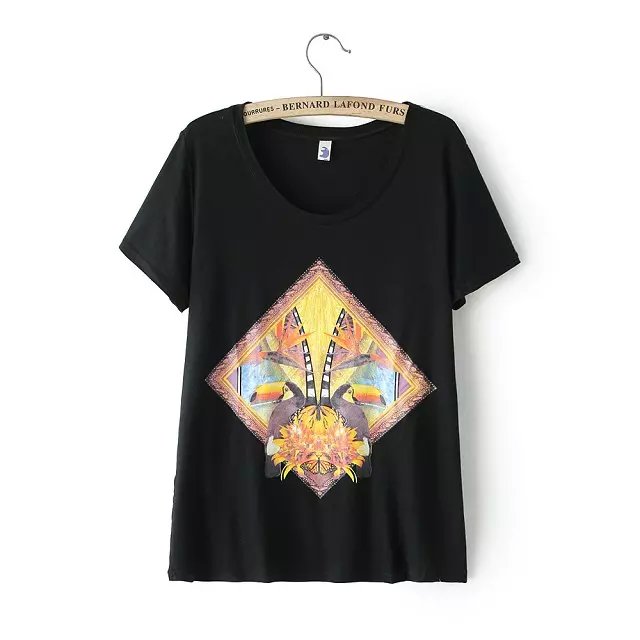 New Fashion Women black cotton Short Sleeve Photo frame Bird Print O-Neck Casual brand T-Shirt