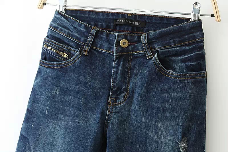 New Fashion Women Elegant Ripped Blue Denim jeans trousers zipper pockets plus size Casual brand design pants
