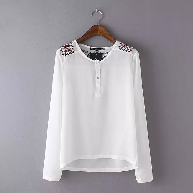Spring Fashion Women elegant White Geometric Embroidery blouse long sleeve V-neck button shirt casual female Tops
