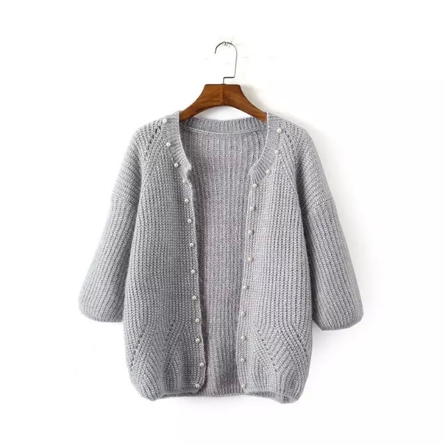 Spring Fashion women sweet pink Pearl hollow out short Knitted sweaters cardigan Three Quarter sleeve casual outwear brand