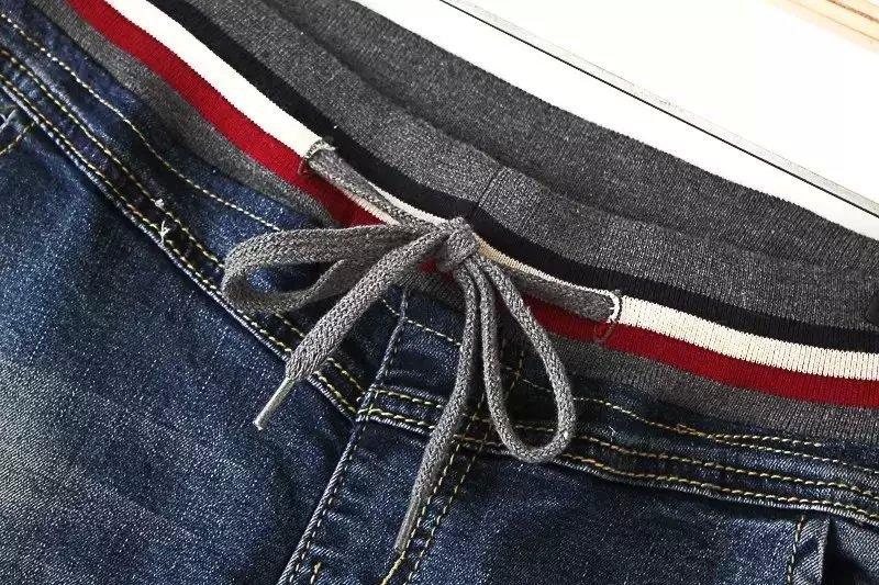 straight jeans Women Fashion Stripe waist Drawstring Denim trousers Patch pockets skinny pants Plus Size brand design