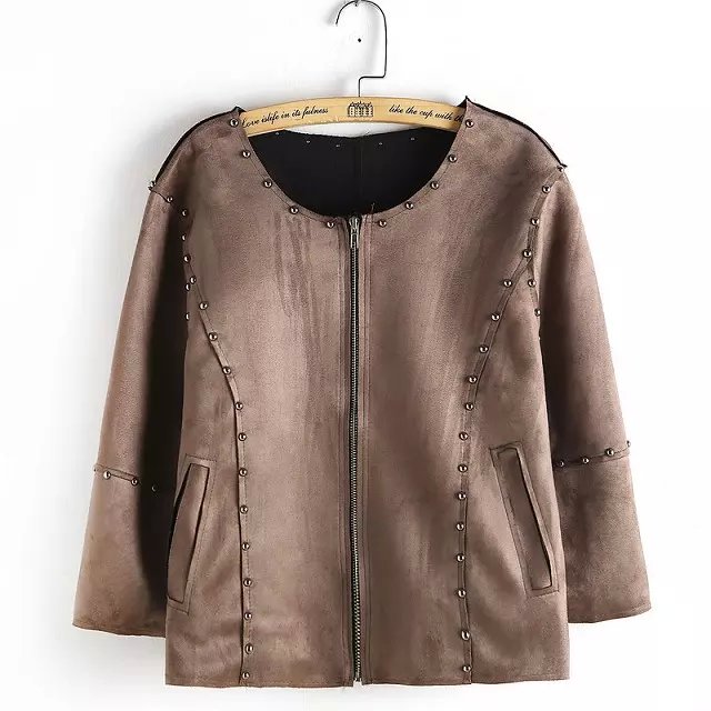 Suede Leather Jacket for Women Fashion Autumn Zipper Pockets Rivet Casual Three Quarter brand mujer Jacket tops