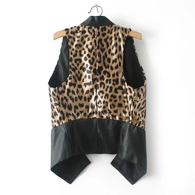 Vest Jacket for female Autumn Fashion Faux Leather Patchwork Leopard print women waistcoat casual female brand