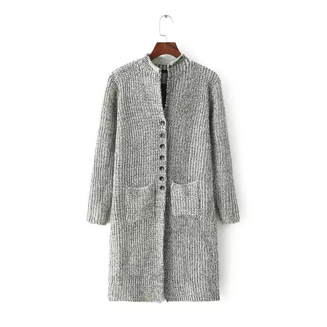 Winter Fashion Women Elegant Gray Knitted Cardigan long Sleeve Pocket Casual Loose Button thick warm coat long Sweaters