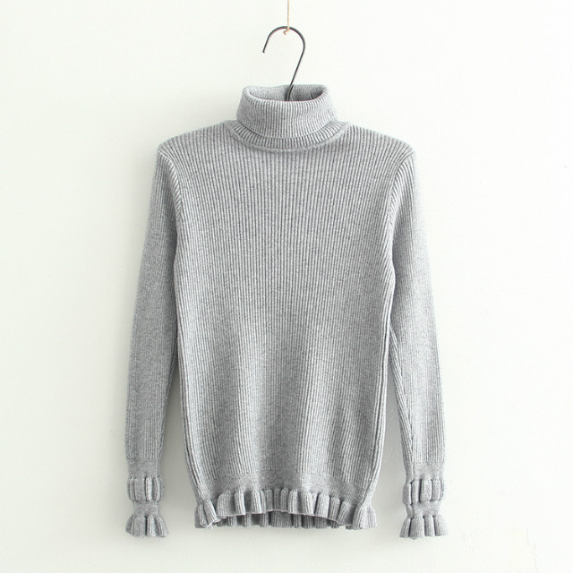 Winter Fashion women thick warm beige Pullover knitwear basic Turtleneck ruffles long Sleeve Casual knitted sweaters brand