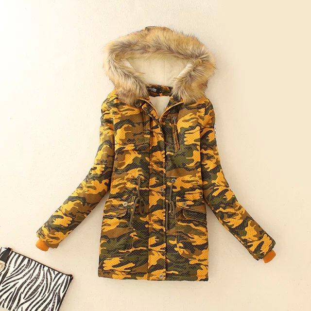 Winter Jacket Women Elegant Camouflage Print Thick Warm Fur Cotton Hooded Zipper Pocket with belt Parka Coat Outwear Mujer