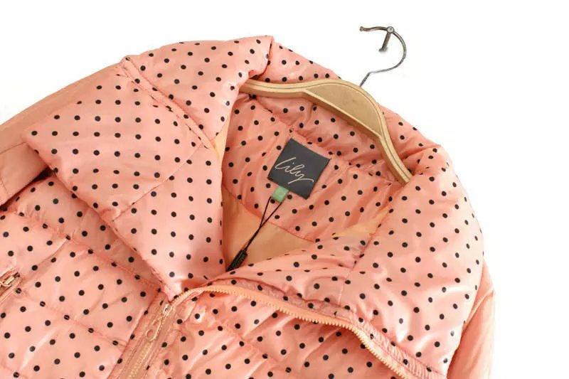 Winter Jacket Women Elegant Pink Dots print Down Zipper Pocket Parka Long Sleeve turn-down collar Coat Casual Thick warm