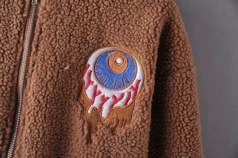 Winter New Women Fashion brown Eye Embroidery Jacket Faux Fur zipper pocket long sleeve Casual Brand coat