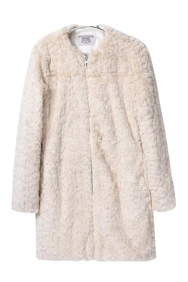 Winter women European fashion elegant Beige Fur Long coat long sleeve warm zipper pocket O-neck outwear casual brand