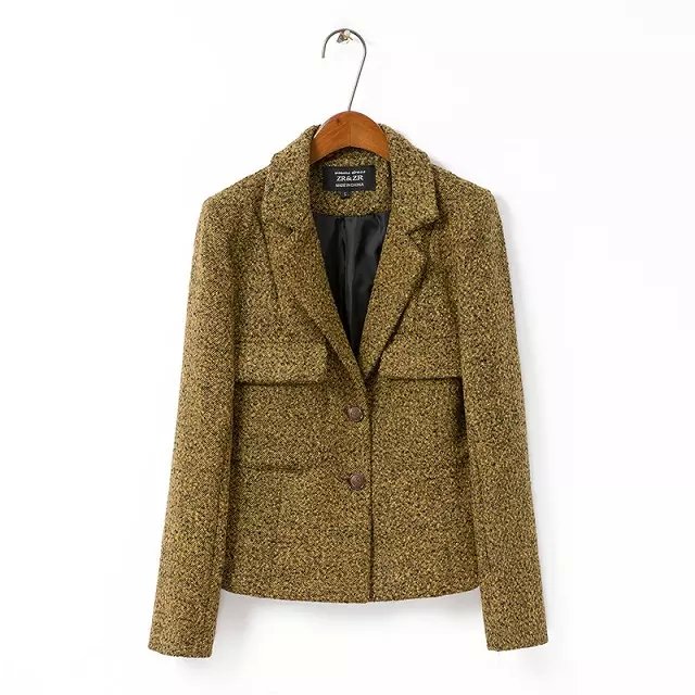 winter women fashion elegant brown woolen short coat long sleeve button Turn-down collar pocket outwear casual brand