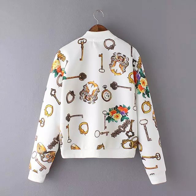 women baseball jacket Fashion Autumn Key buckle pattern White Zipper pocket Casual Long sleeve brand chaquetas mujer