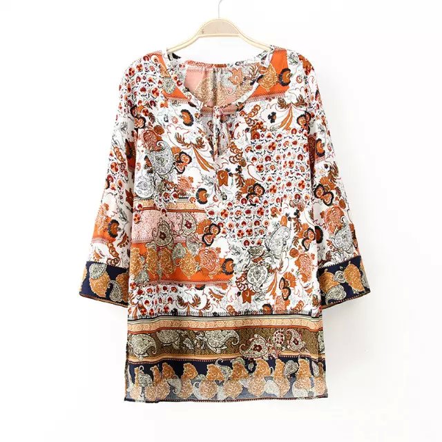 Women blouse Fashion women Elegant vintage Floral print drawstring V-neck Three Quarter Sleeve shirt casual brand plus size
