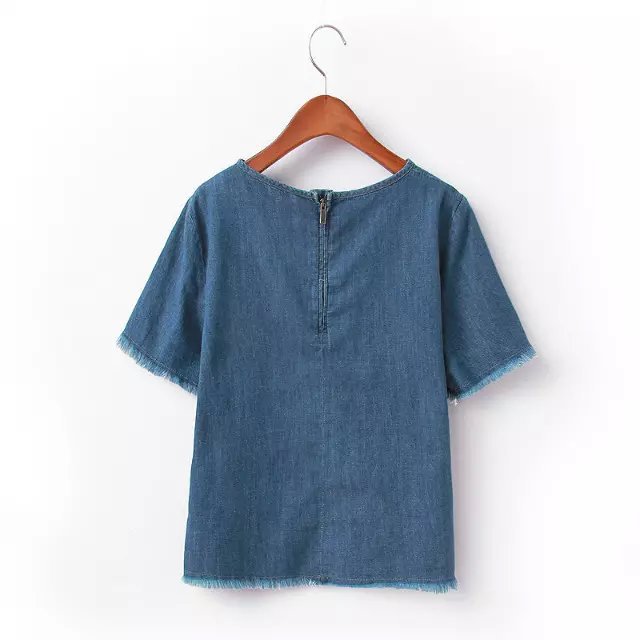 Women blouses Fashion Blue denim tassel Short sleeve Zipper cropped short casual loose Brand tops