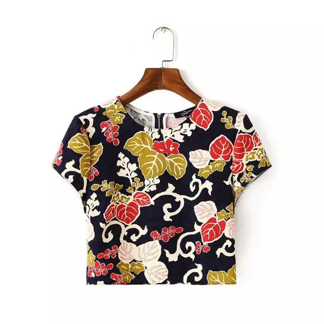 Women blouses Fashion Elegant Vintage Floral print O neck back Zipper cropped short shirts casual blusas femininas