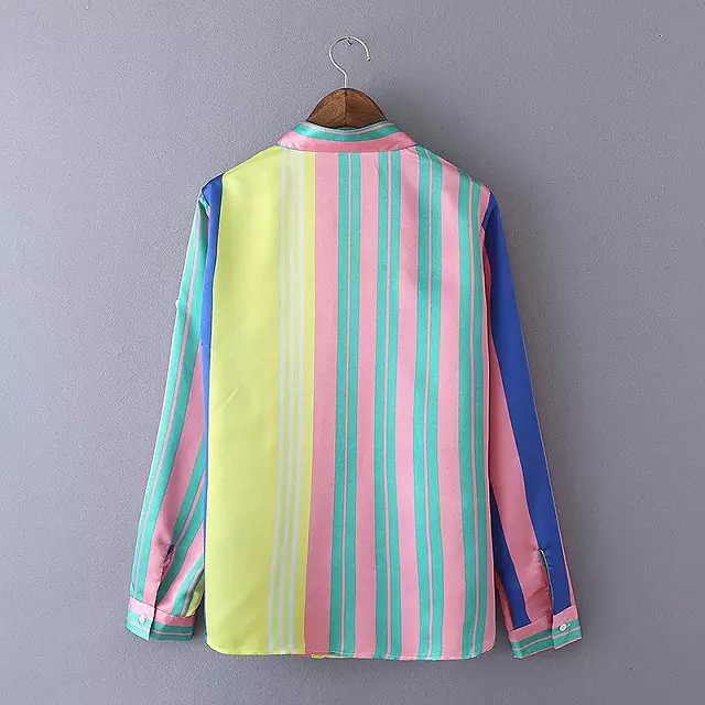 Women blouses Fashion rainbow stripes print Turn-down collar Long sleeve work wear satin shirt casual brand tops