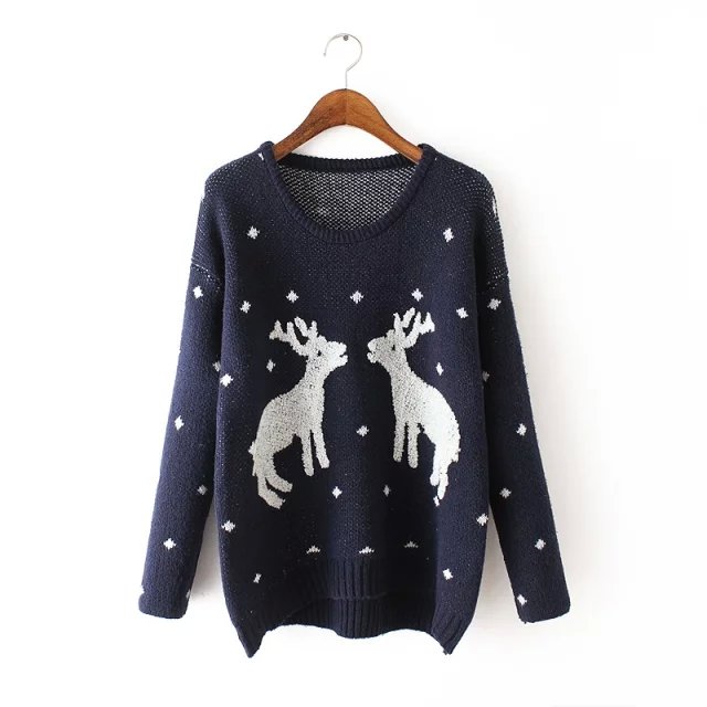 Women Christmas Fashion winter Red Deer pattern O-neck Knitted Sweaters Pullovers batwing Sleeve Casual brand Outwear tops