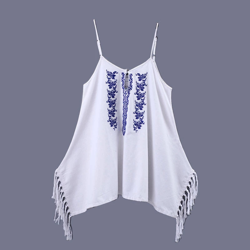 Women dress Fashion White Spaghetti Strap Floral Embroidery mini Dresses sleeveless hollow out tassel casual brand designer
