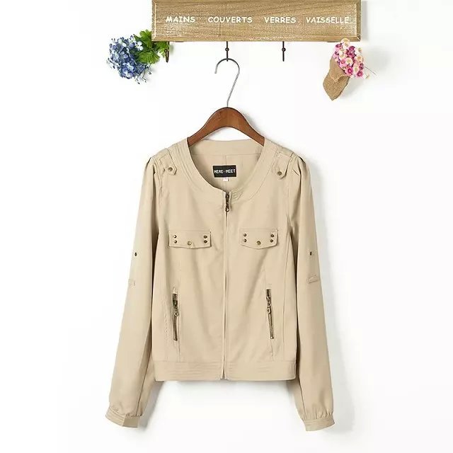 women Fashion elegant Rivet short Jacket vintage zipper pockets long sleeve casual slim brand top