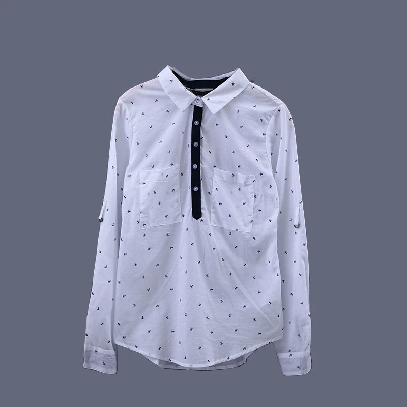 Women fashion elegant white Sailboat Print cotton blouses long sleeve turn-down collar pocket shirt work wear casual tops