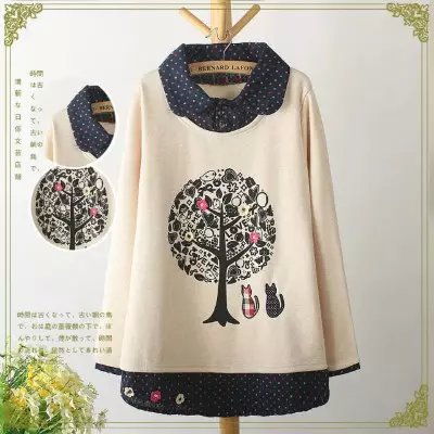 Women fashion elegant winter thick Tree print Cat Embroidery gray Patchwork pullovers Casual turn-down collar brand Tops