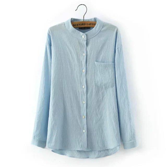 Women feminine blouse Fashion blue cotton Stand collar office lady shirt button pocket Long Sleeve casual Brand tops