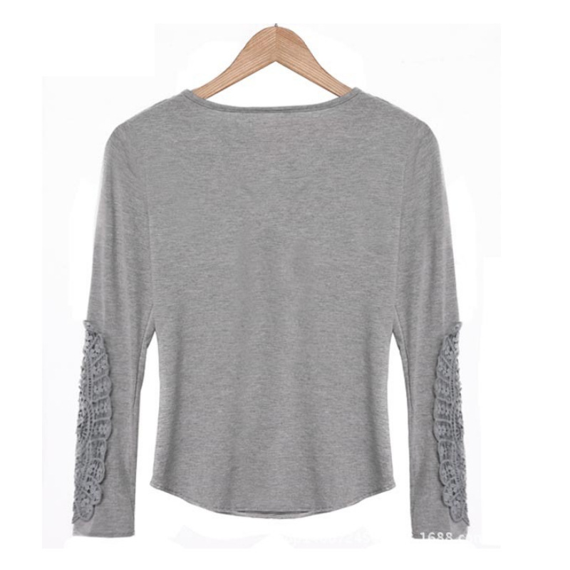 Women Gray Fashion button lace Embroidery patchwork hollow out long Sleeve shirts Casual brand Tops plus size