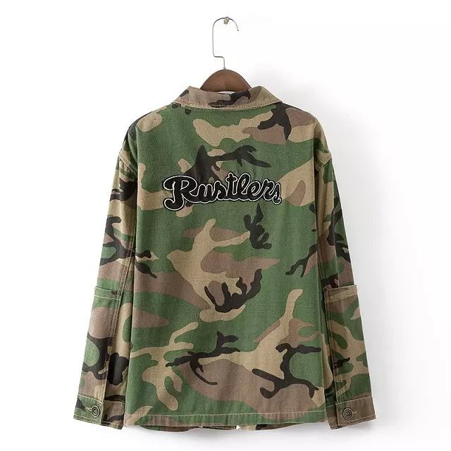 Women jacket Fashion Elegant Camouflage Print Patch Turn-down collar long sleeve Pocket Coat casual Tops