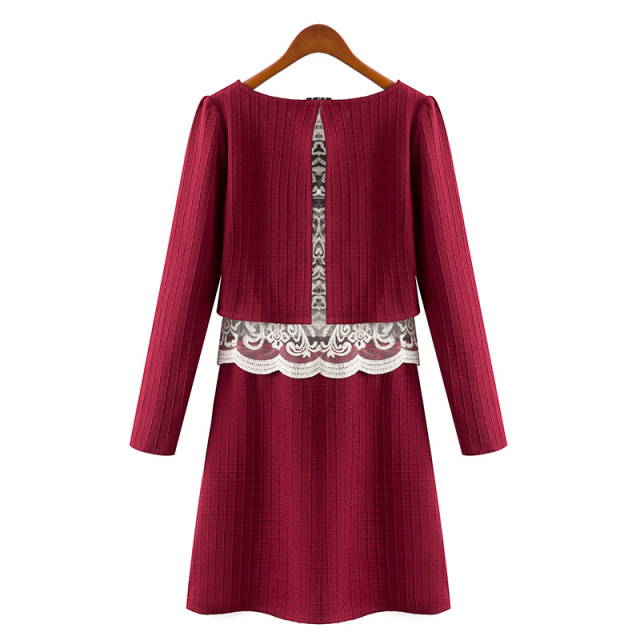 Women knitted Fashion Red long Sleeve Lace O Neck Back split Winter Dress Casual Brand Loose vestidos