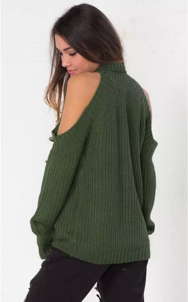 Women Knitted Sweaters American fashion Sexy Shoulder Off pullovers Turtleneck casual loose long Sleeve Brand Green