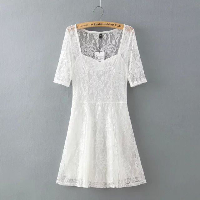 Women Latest Summer Fashion White Half Sleeve With Hollow Lace Square Collar Dress party sexy Brand