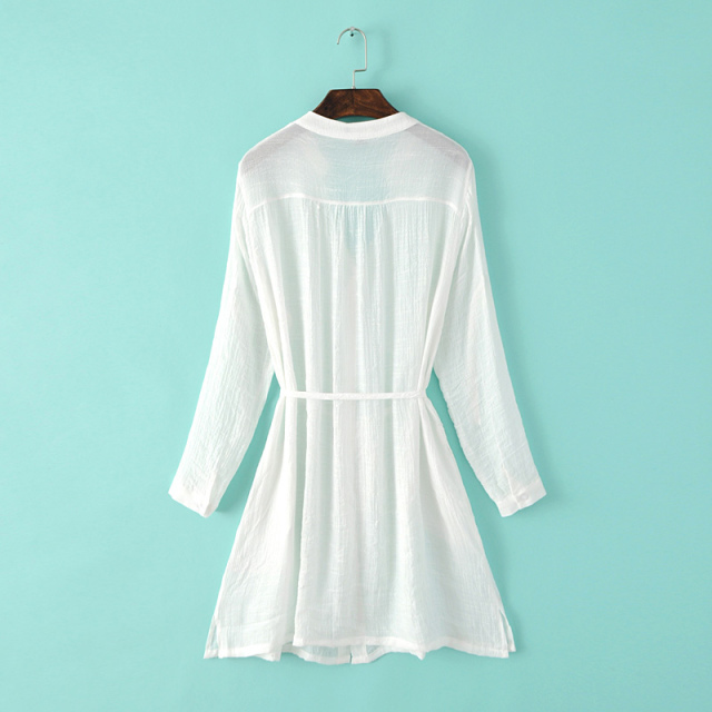 Women Long Shirt Dress Fashion Chiffon thin V neck long Sleeve with belt Pocket White casual brand vestidos femininos