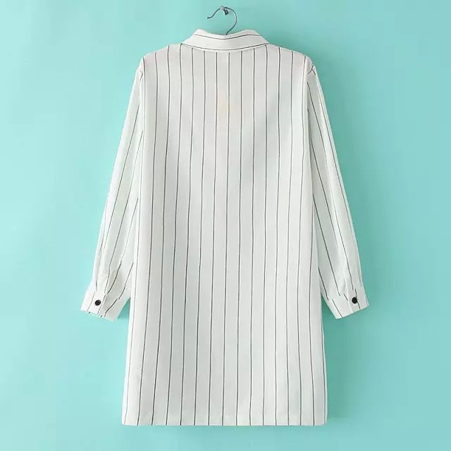 Women Long Shirt Dress Fashion cotton linen Striped Print Turn-down Collar long Sleeve Buttons White casual brand vestidos