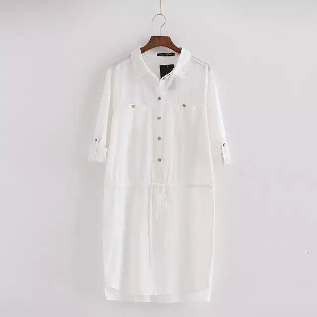 Women Shirt Dress Fashion Double pocket half Sleeve White office Turn-down collar Irregular White casual brand femininos