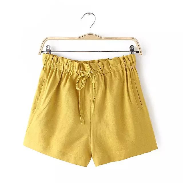 Women shorts Summer Fashion cotton linen Elastic waist Drawstring Pocket Green skirt For Female casual short mujer
