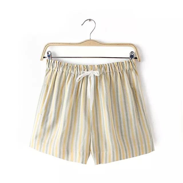 Women shorts Summer Fashion Striped Print cotton linen Elastic waist Drawstring Pocket skirt For Female casual short mujer