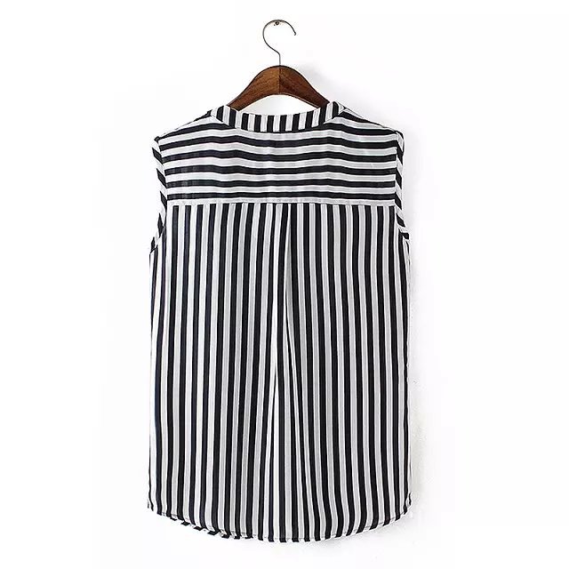 Women Sleeveless Blouse Fashion blue striped print O Neck Pocket shirt blusas camisa casual loose Brand tops