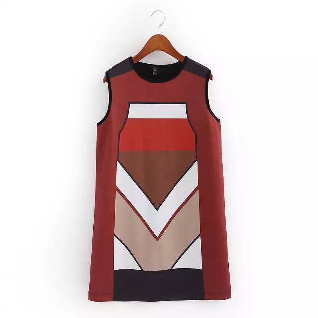 Women Straight mini Dress Autumn Fashion Geometric Print O-Neck red Sleeveless casual brand design vestidos femininos