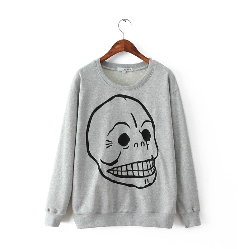 Women Sweatshirts Fashion Autumn Skull head Embroidery O Neck long Sleeve Grey Pullover Casual brand Moletom Feminino